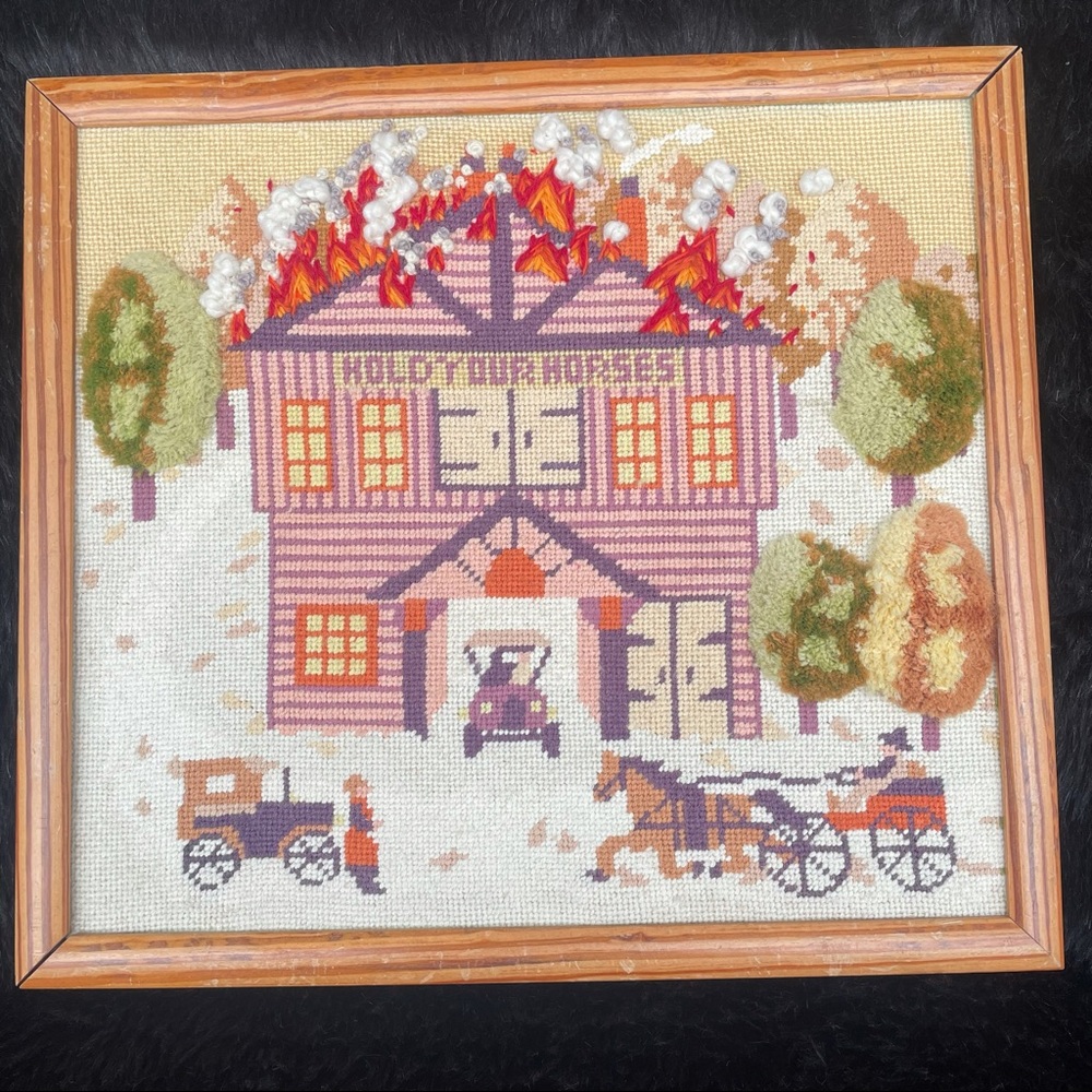 Vintage needlepoint fire re-work Hold your horses! fiber art gallery wall